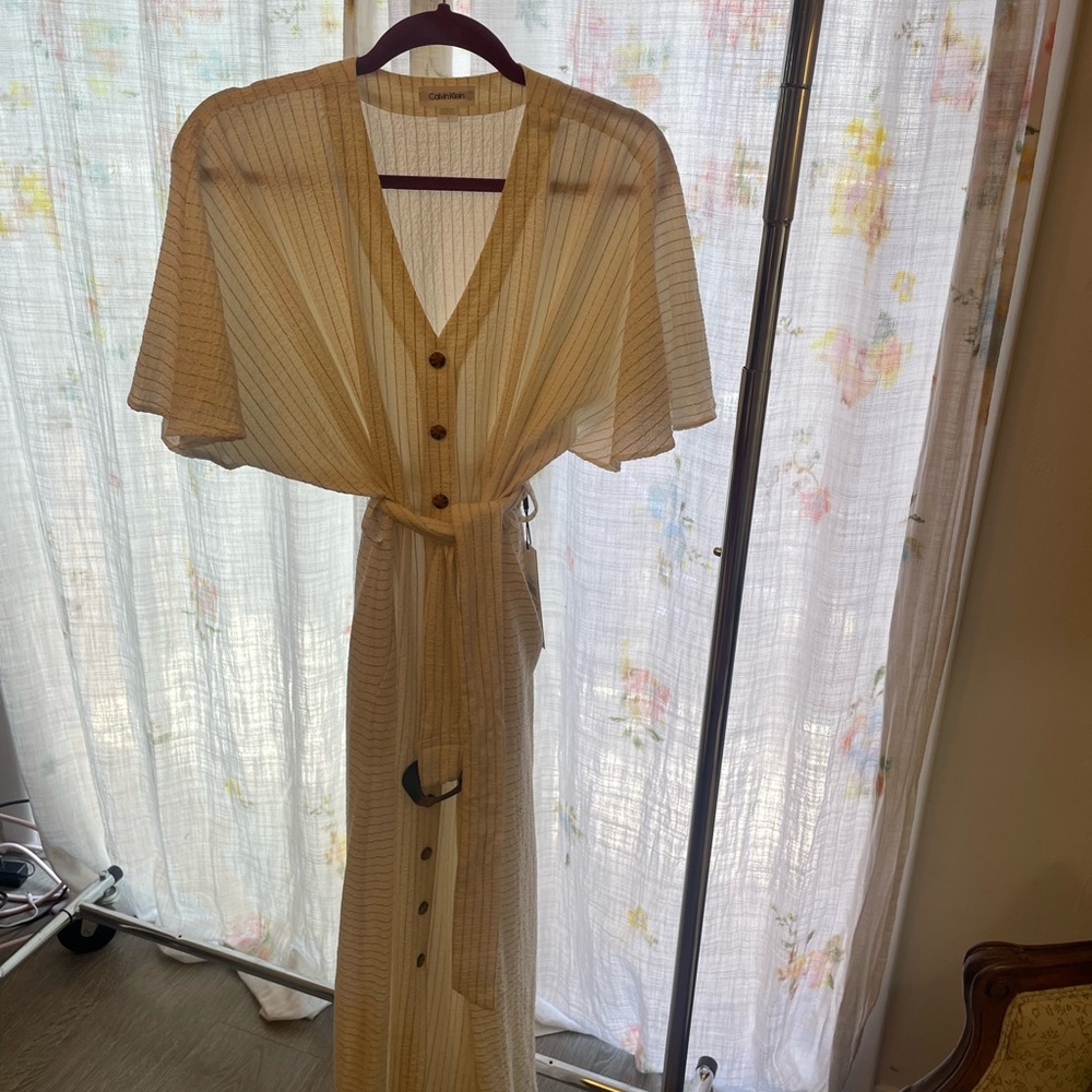 Calvin Klein gauze white dress with metallic stripes